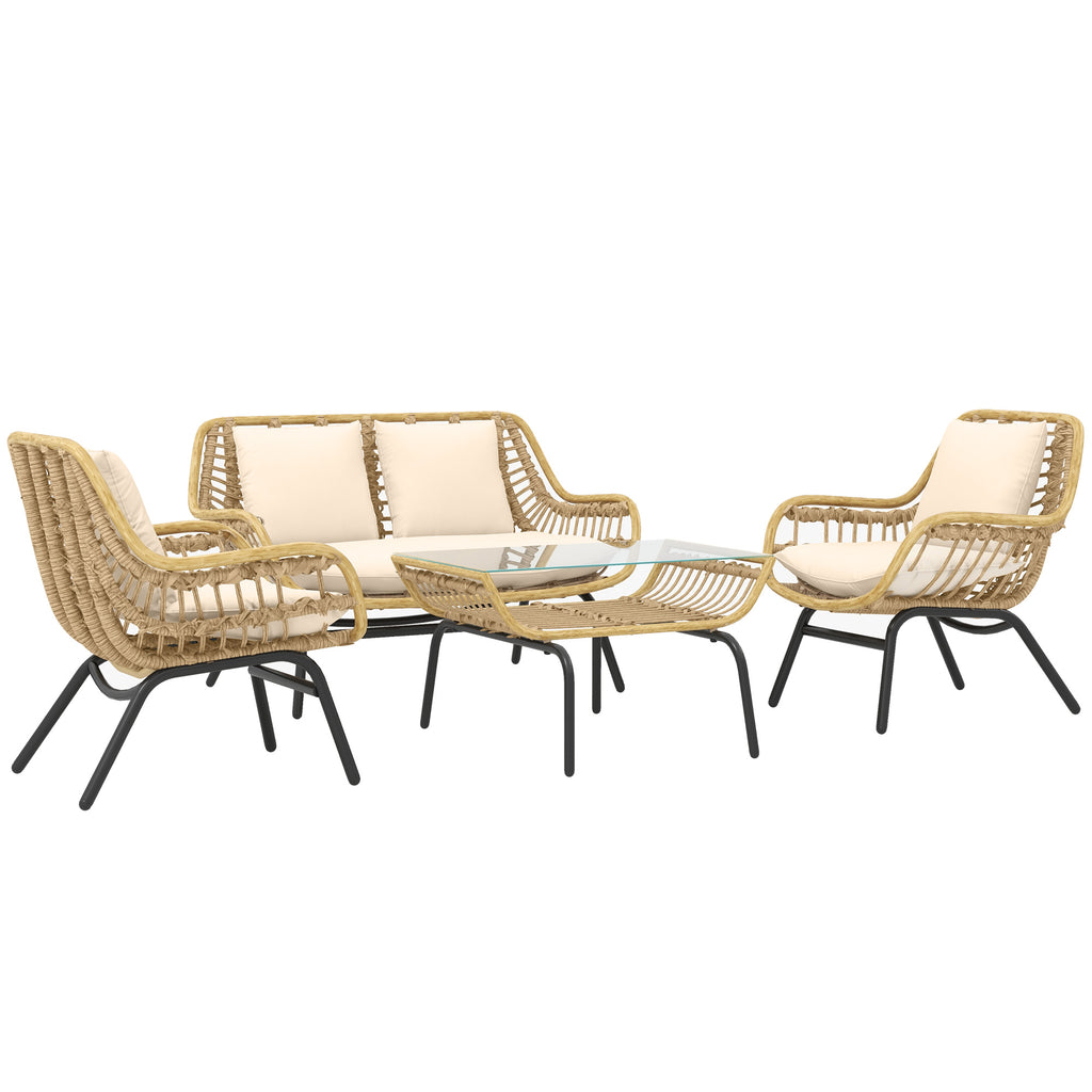 4-piece garden set in PE rattan and metal with sofa, 2 chairs and coffee table, Beige