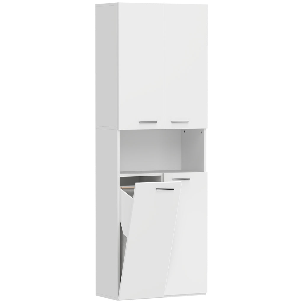 2-Door Bathroom Cabinet with Drop-Leaf Laundry Basket and Open Shelf, 60x30x174 cm, Wood, White