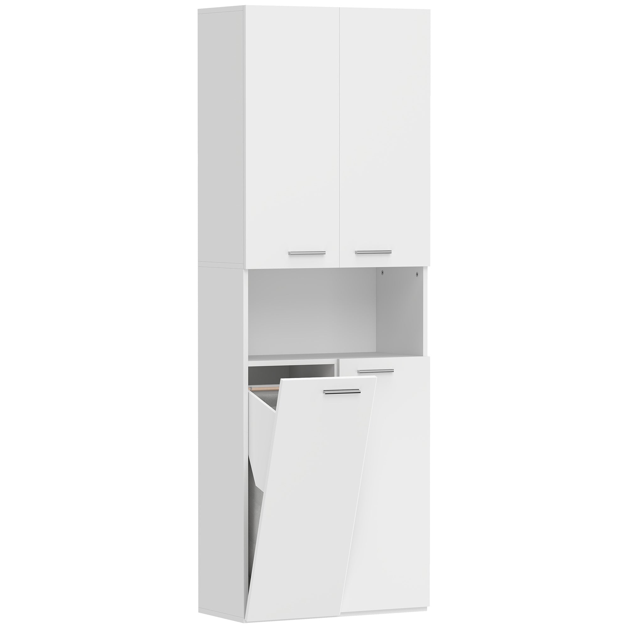 2-Door Bathroom Cabinet with Drop-Leaf Laundry Basket and Open Shelf, 60x30x174 cm, Wood, White