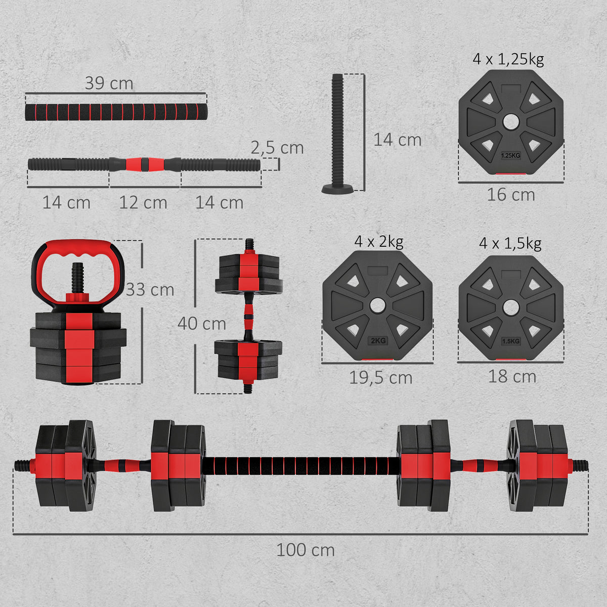 SPORTNOW 6-in-1 Multifunction Gym Weight Set, 20kg Total, Made of Plastic and Sand, 125x18x18 cm, Red