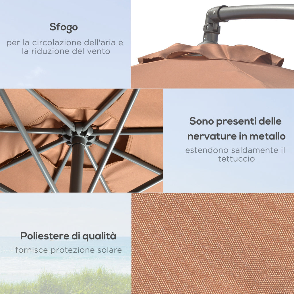 Decentralized Umbrella with 6 Ribs with Crank and Cross Base, in Metal and Polyester, Ø292x247 cm, Coffee