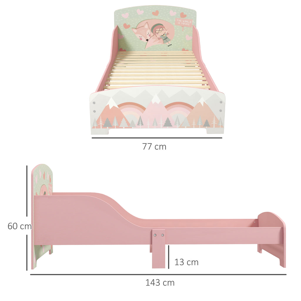 Children's Bed for 3-6 Years with Raised Edges, Slats and Animal Print, 140x70 cm, Pink