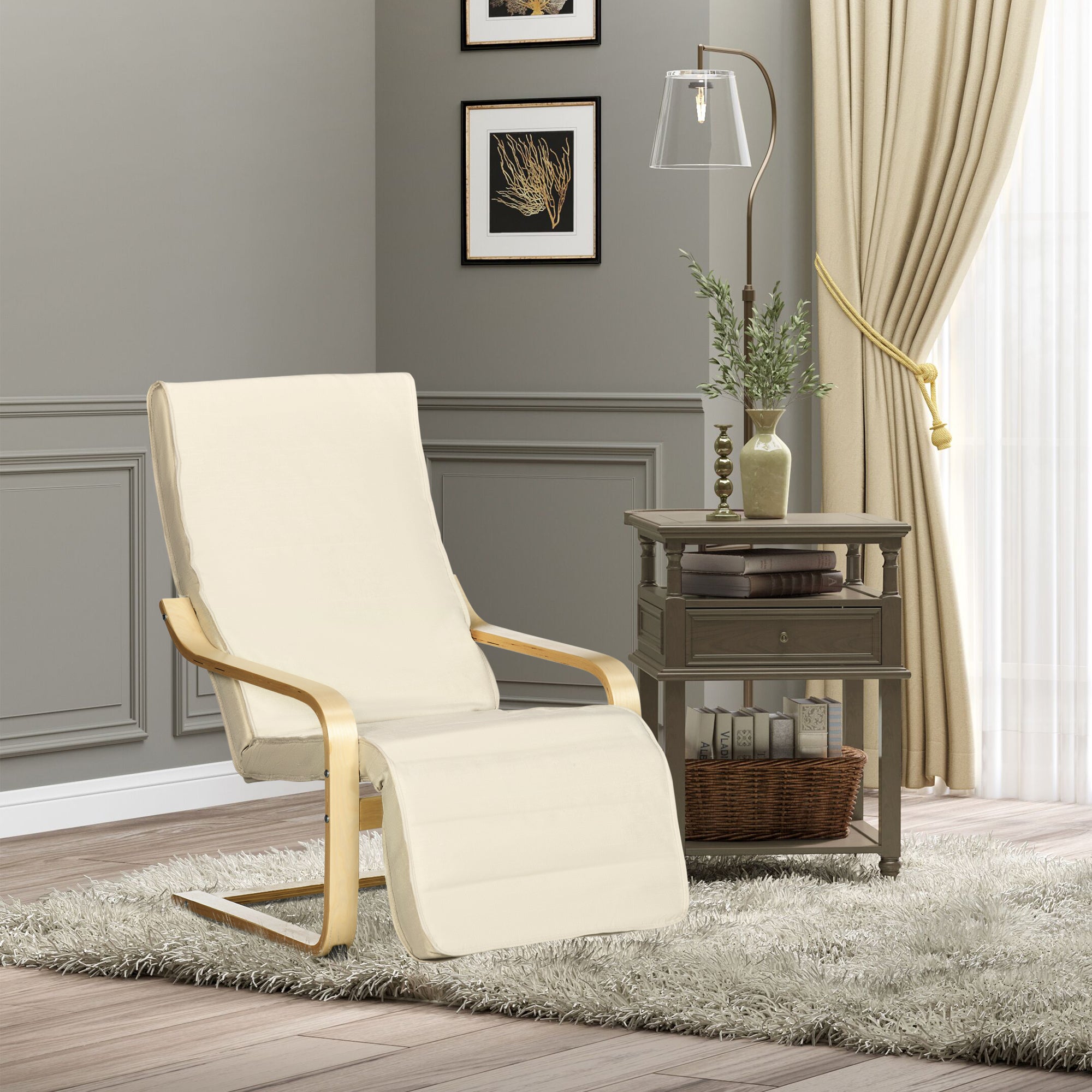 Relaxing Chair with 5-Level Footrest and Headrest, Birch Wood and Fabric, 66.5x94x100 cm, Cream