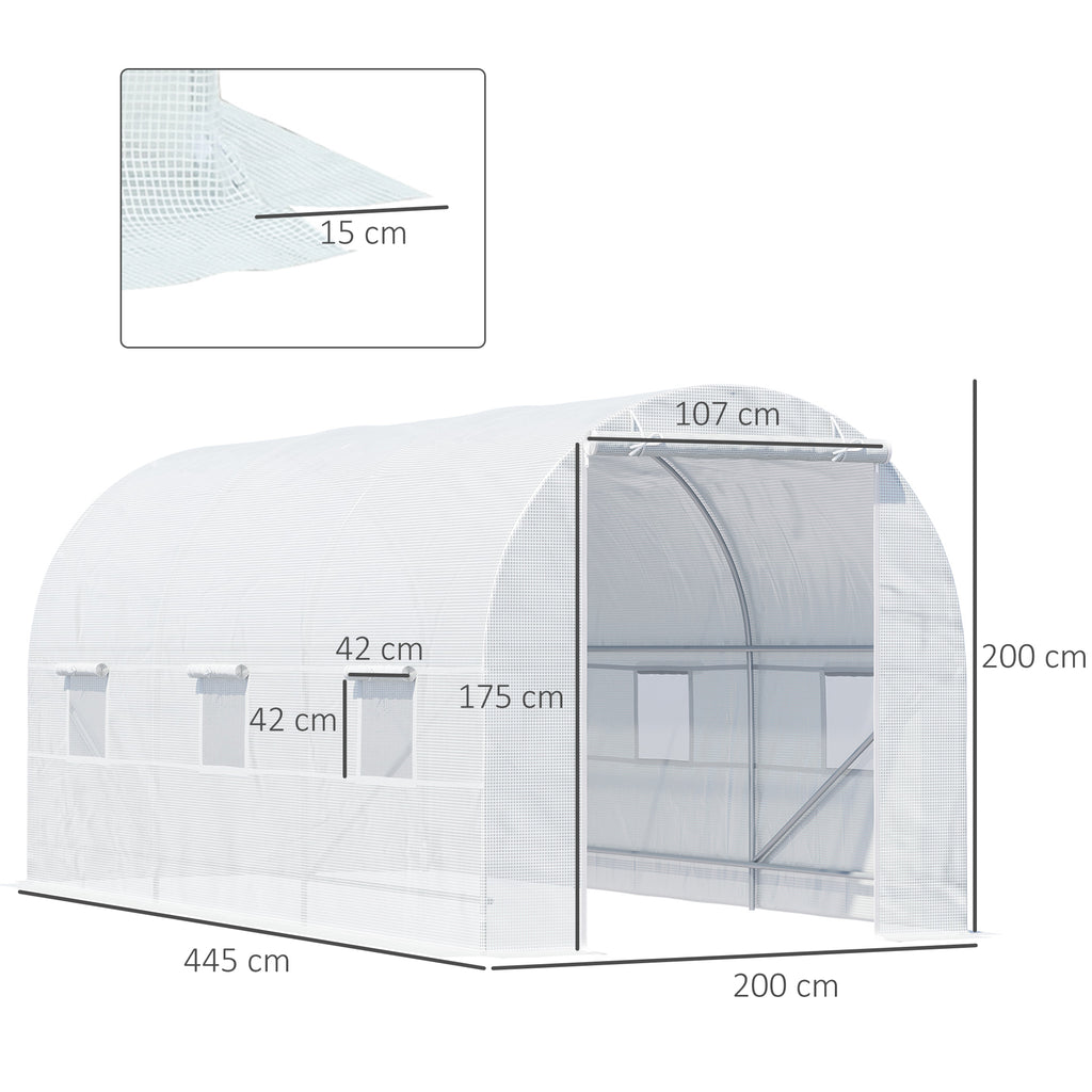 Outsunny 4.5x2x2m Tunnel Greenhouse with PE Cover and Metal Tubes, White