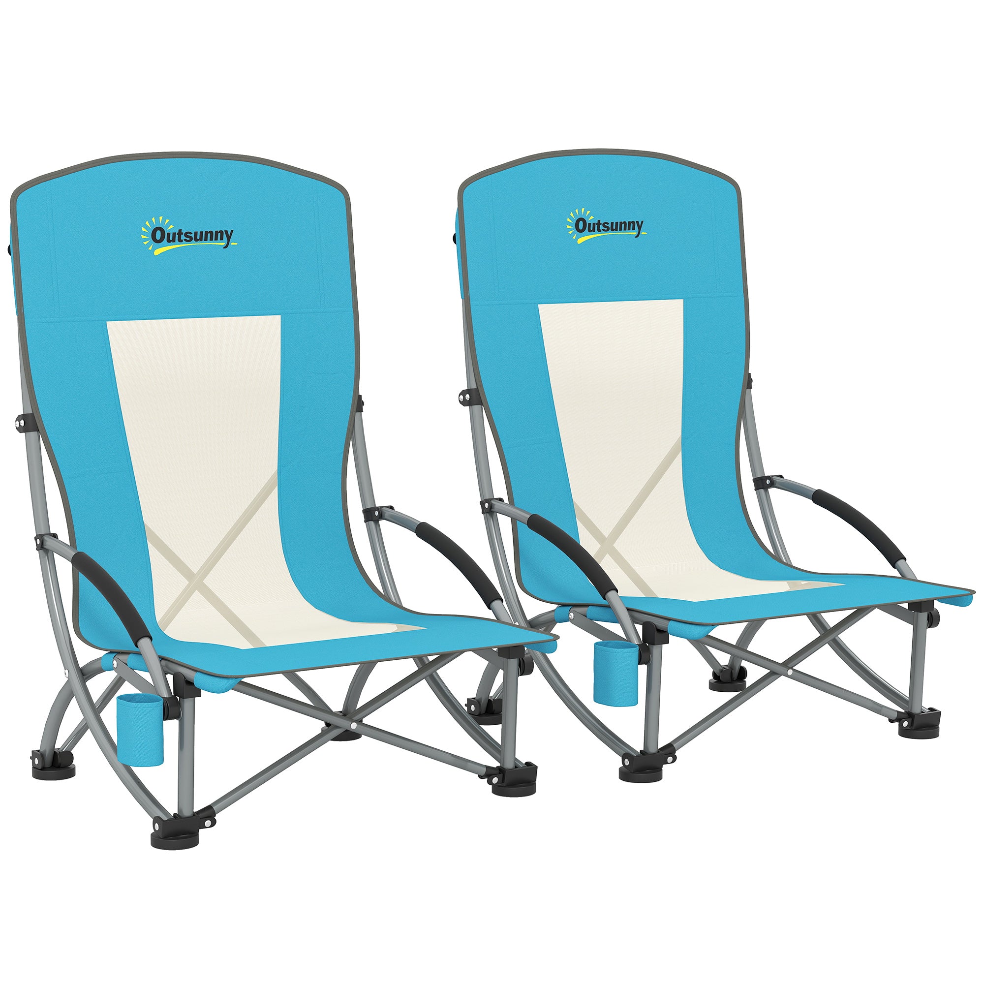 Set of 2 Folding Beach Chairs with Armrests, Cup Holder and Carrying Bag, Blue