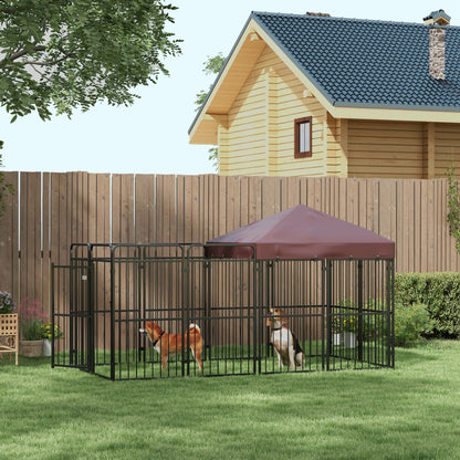 Pawhut Fence for Outdoor Dogs in Metal with Roof, 282x141x159cm, brown - Borgè