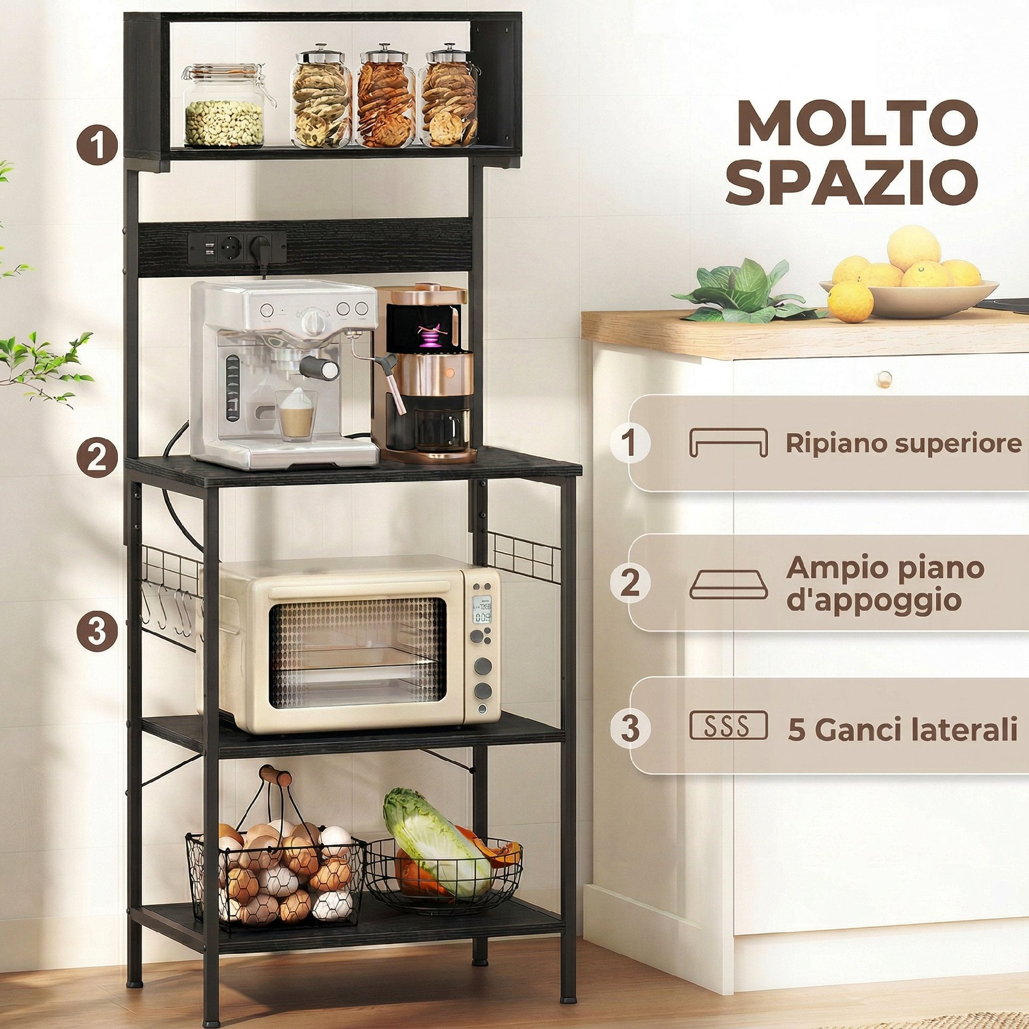 HOMCOM Industrial Kitchen Shelf with Microwave Socket, Shelves and Hooks, Wood and Steel, Black