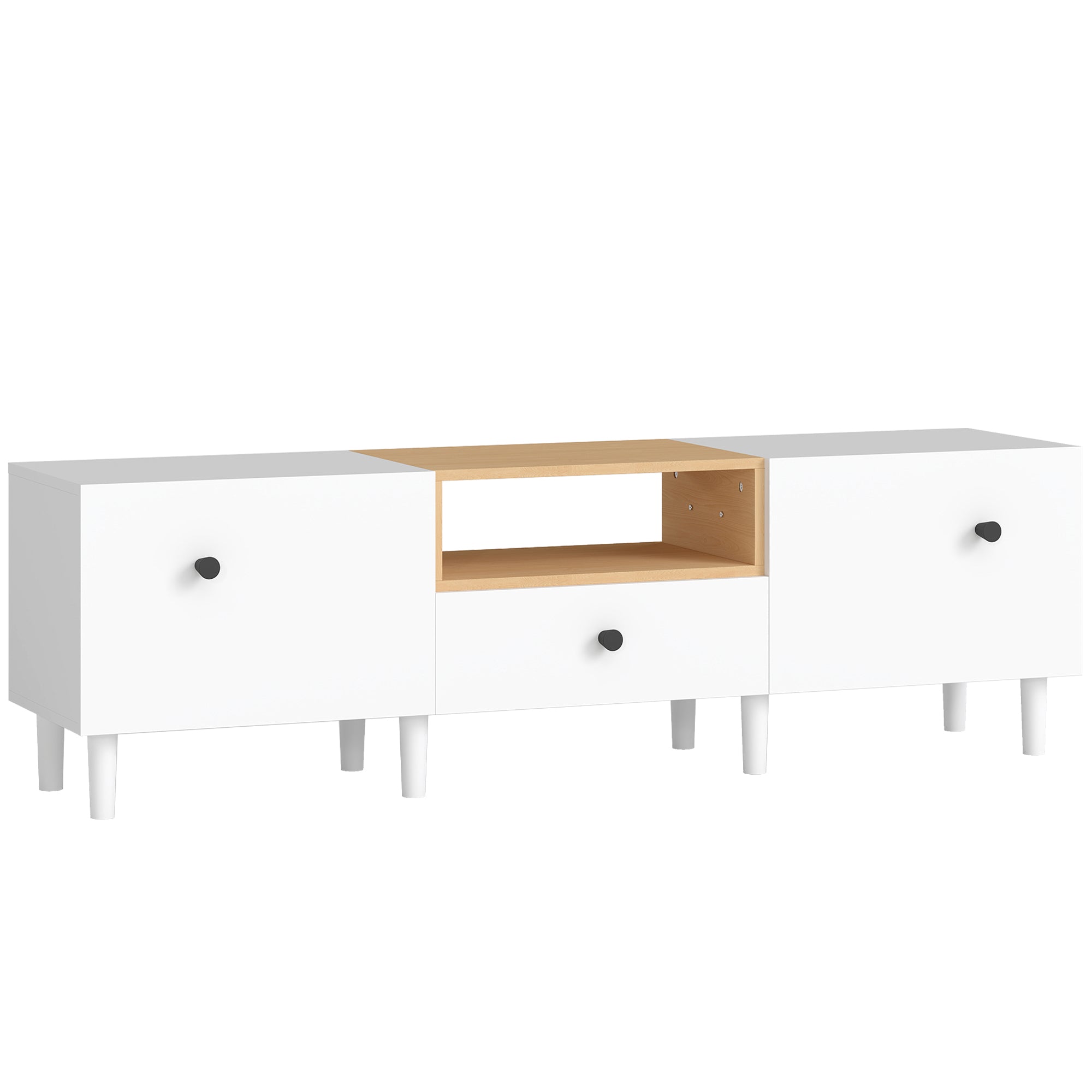 70" Max TV Stand with 2 Drop-Door Doors, Drawer and Open Shelf, Wooden, 150x35x45 cm, White and Wood Color
