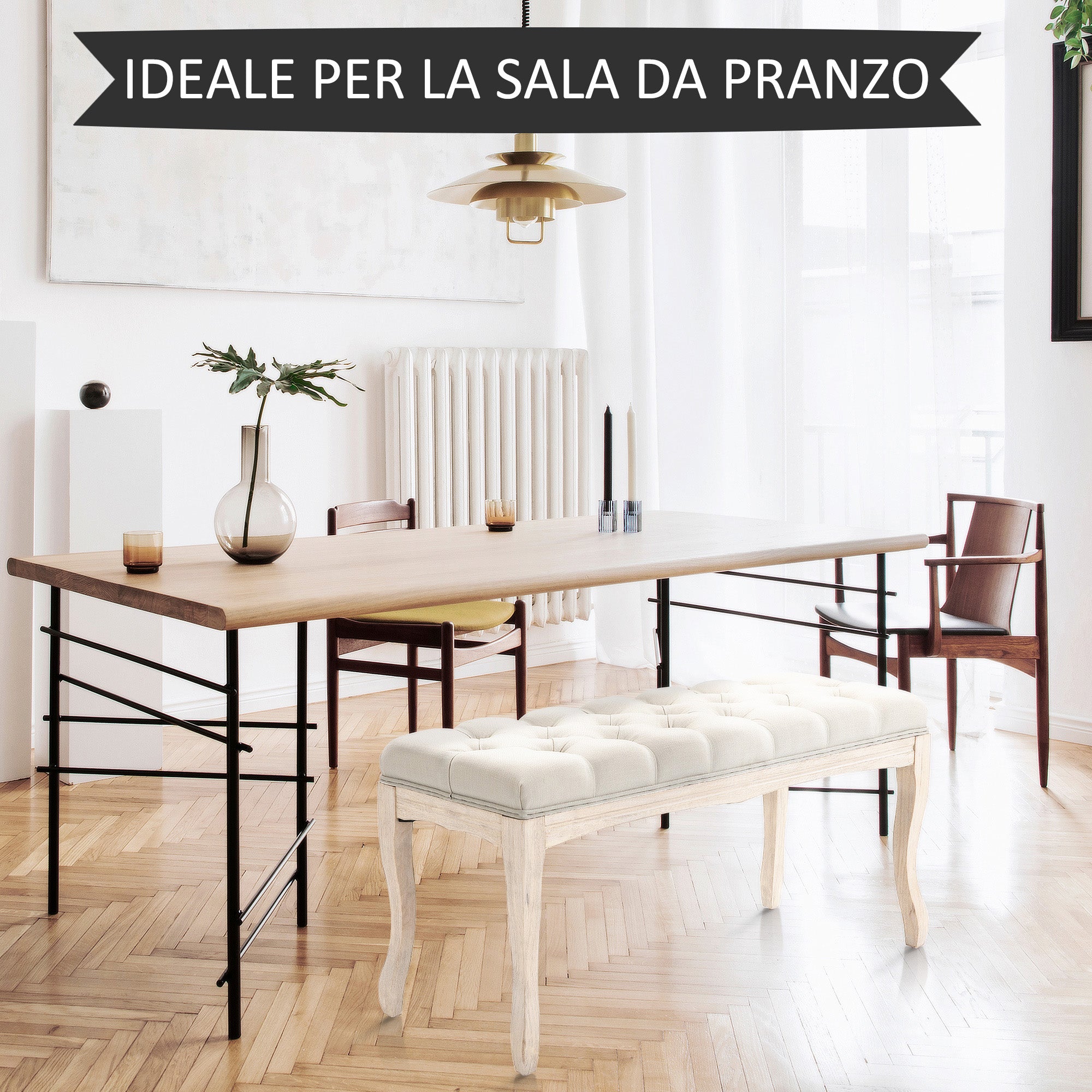 Vintage Bedside Bench with Upholstered Fabric Seat and Wooden Legs, 110x40x48cm, Beige