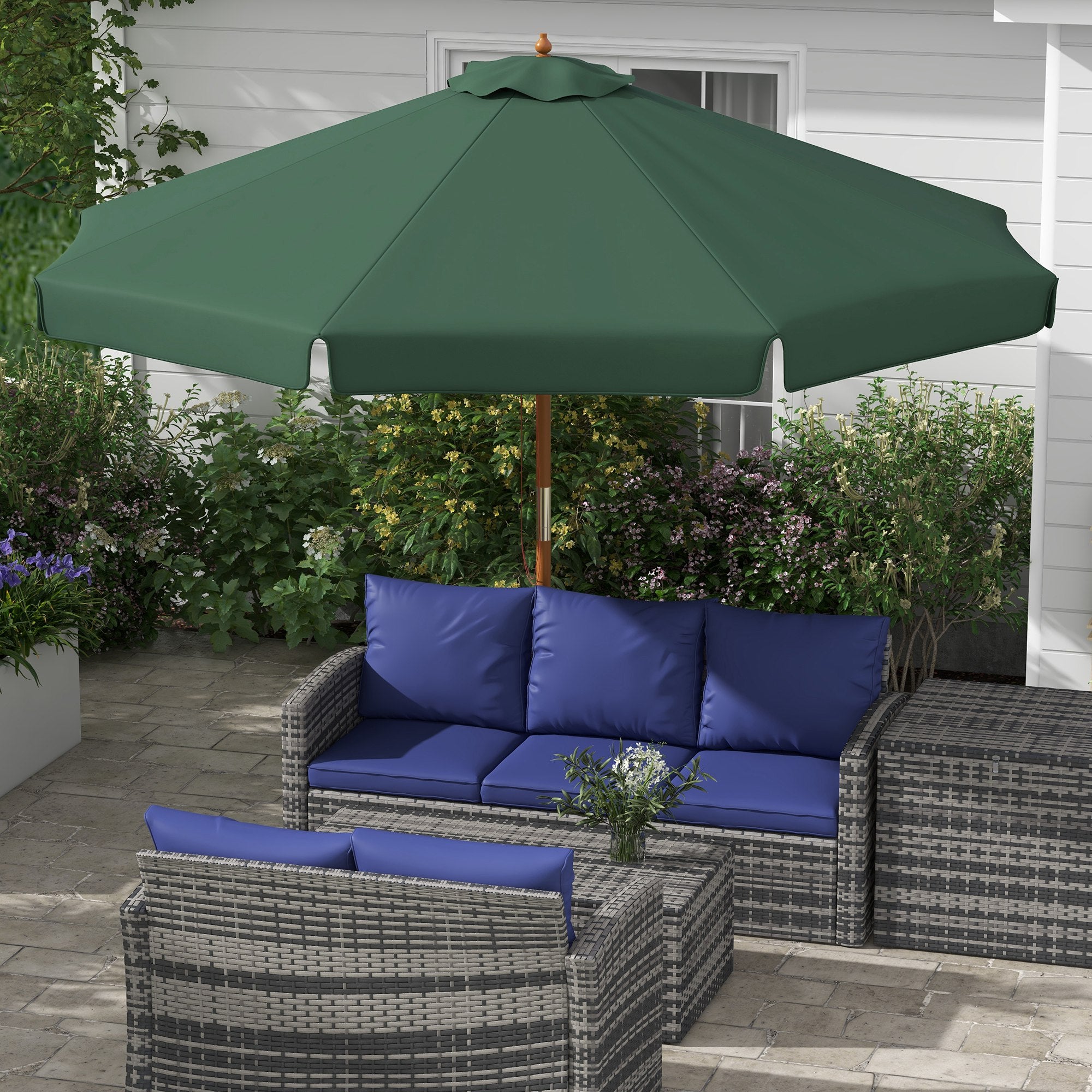 Garden Umbrella with Double Canopy, in Bamboo and Polyester, Ø325x250 cm, Green