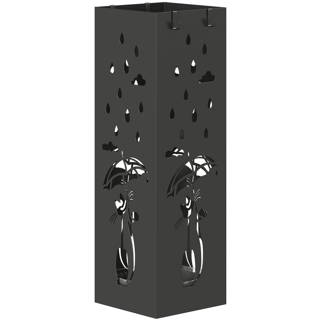 HOMCOM Modern Umbrella Stand with Drip Tray and Metal Hooks, 15.5x15.5x49 cm, Black