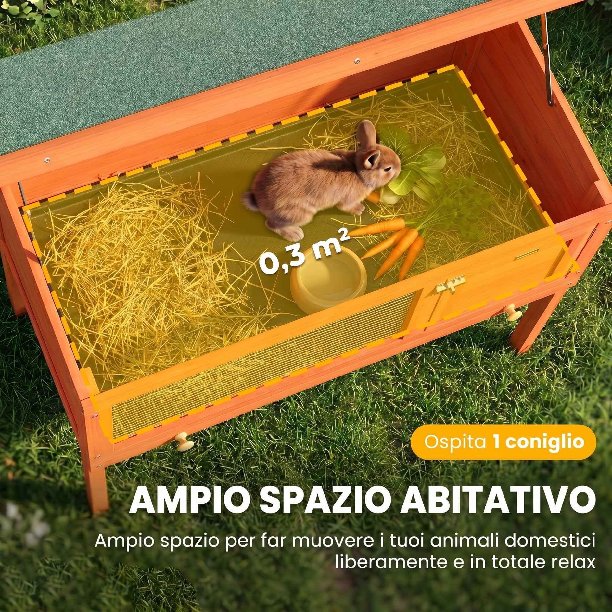 PawHut Outdoor Rabbit Hutch in Pine Wood with Removable Tray, Opening Roof and Lockable Door, Orange