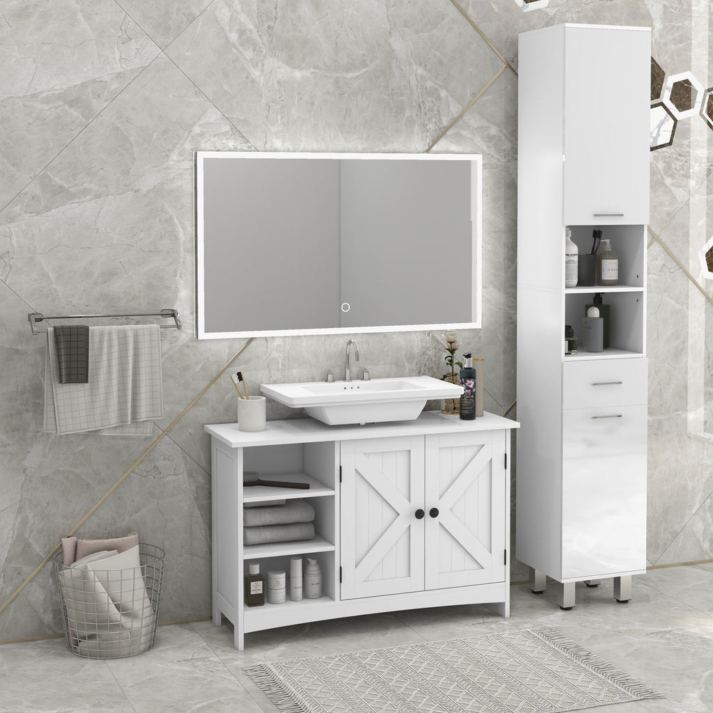 Kleankin Mobile under Bathroom Washa with 2 doors and 3 Open Wooden Conditions, 90x30x60cm, White - Borgè
