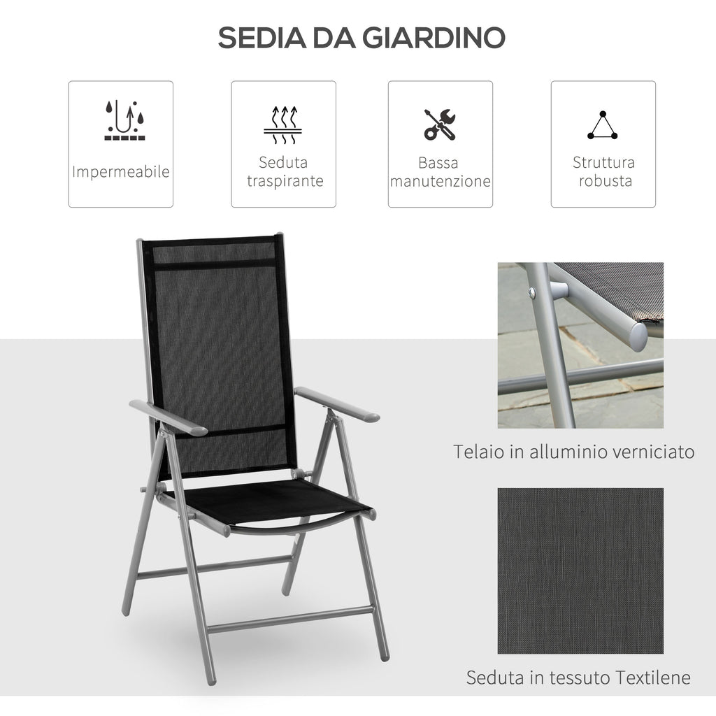 Outsunny Folding Garden Chair in Aluminum and Texteline with 7-Level Adjustable Backrest, Black 65x55x85-105cm