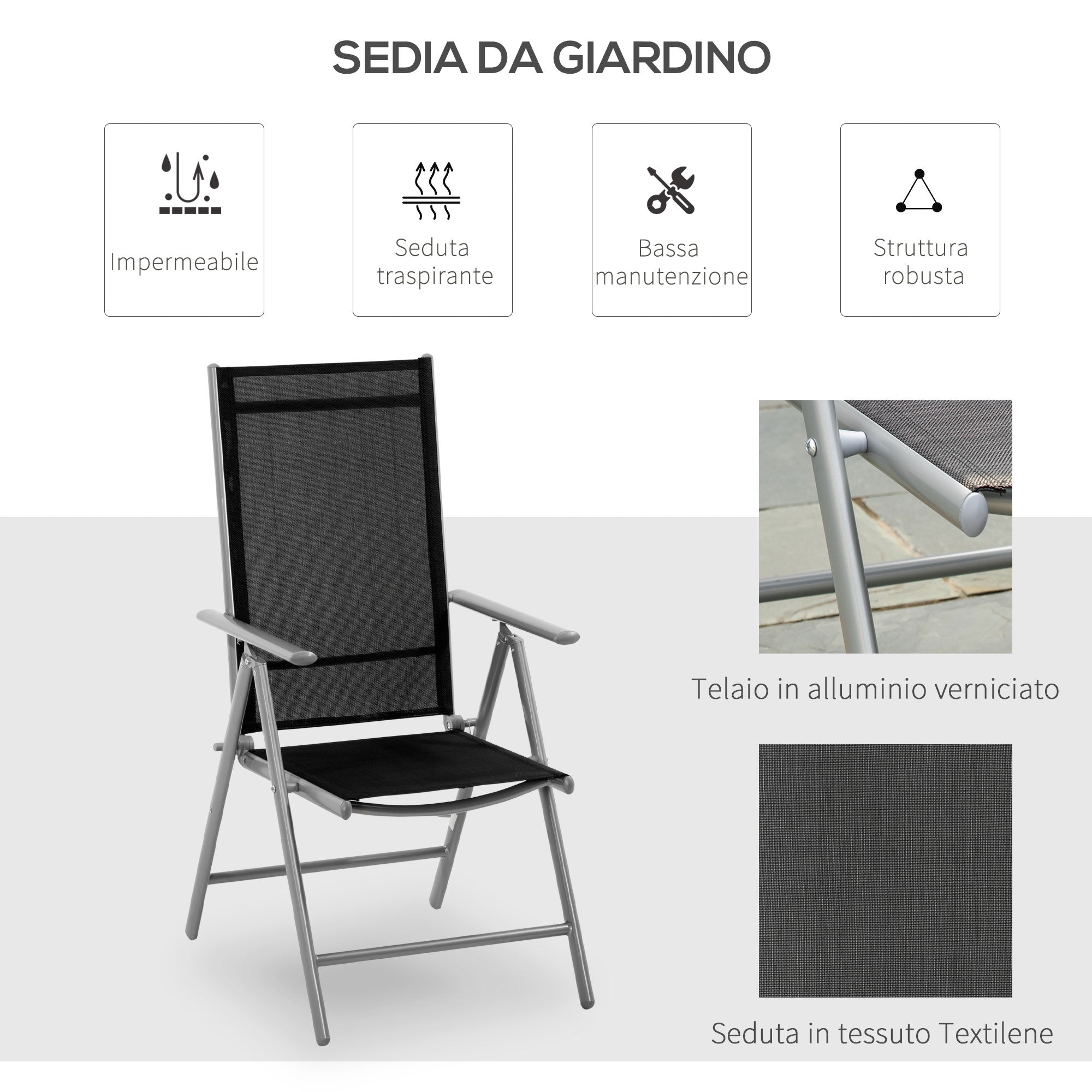 Outsunny Folding Garden Chair in Aluminum and Texteline with 7-Level Adjustable Backrest, Black 65x55x85-105cm