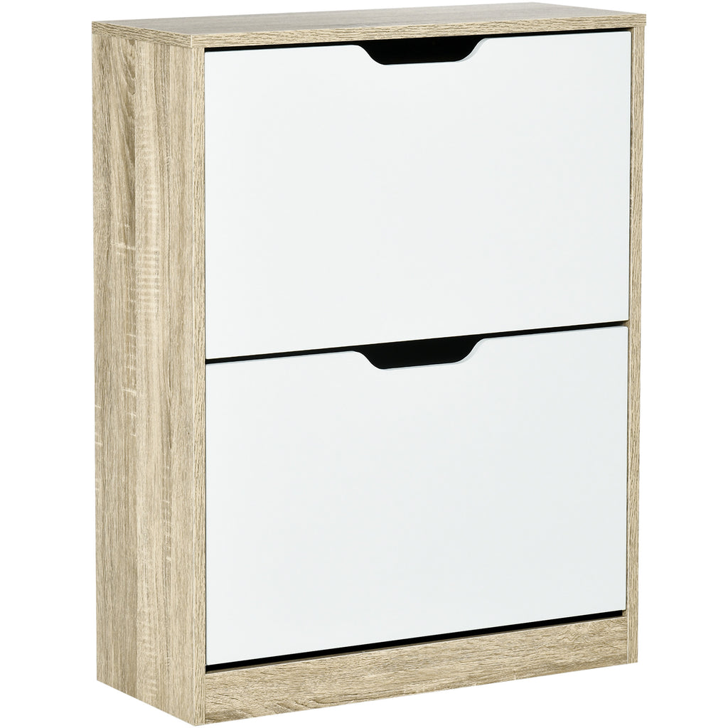 Space Saving Slim 2 Drawer Shoe Cabinet for 8 Pairs of Shoes 62.5x26x81 cm, Wood and White