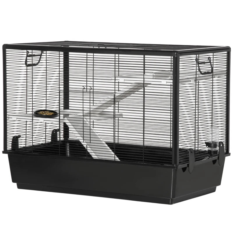 Guinea Pig Cage with Handle, Water Tank, Ramp and Tray, 80x48x58cm, Black - Borge' Group Limited