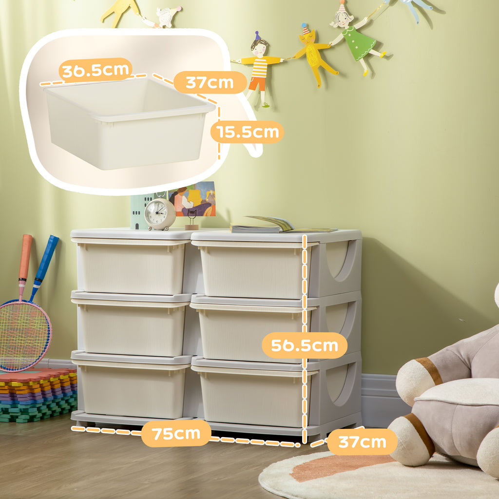 6-Drawer Children's Chest of Drawers for 3-6 Years Old with Rounded Edges, in PP Cream White, 75x37x56.5 cm