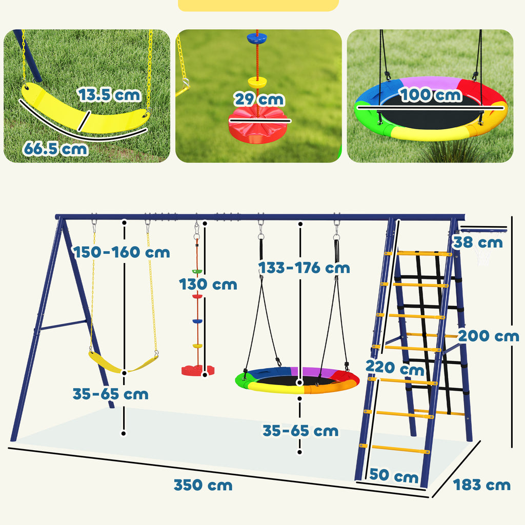 Children's Play Set 3-8 Years with 3 Swings, Rope Ladder and Basketball Hoop, in Steel, PE and PP, 3.5x1.8x2 m