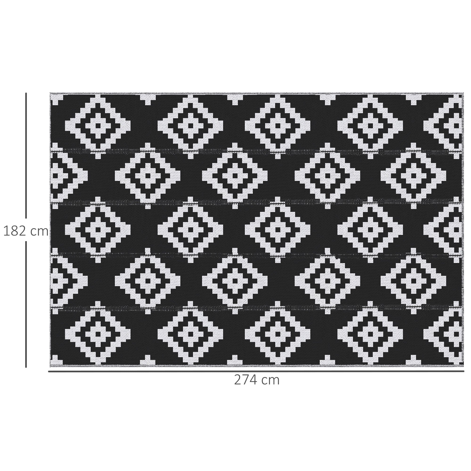 Reversible Geometric Pattern Outdoor Balcony and Terrace Rug, 2.74x1.82 m, Black and White