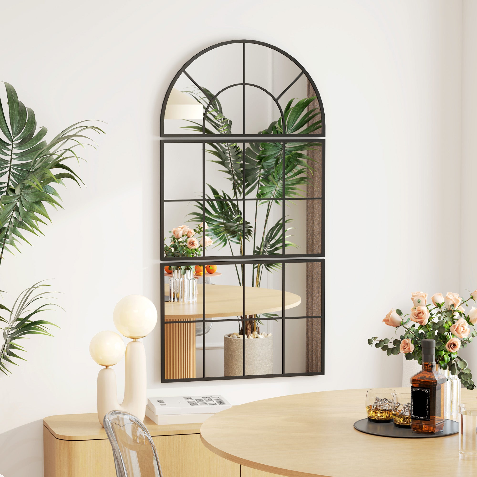 Arched Window Style Wall Mirror for Bedroom and Entrance, 76x43cm, Black