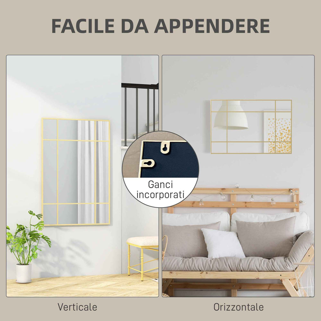 HOMCOM Window Style Wall Mirror with Vertical and Horizontal Mounting, 90x60 cm, Gold