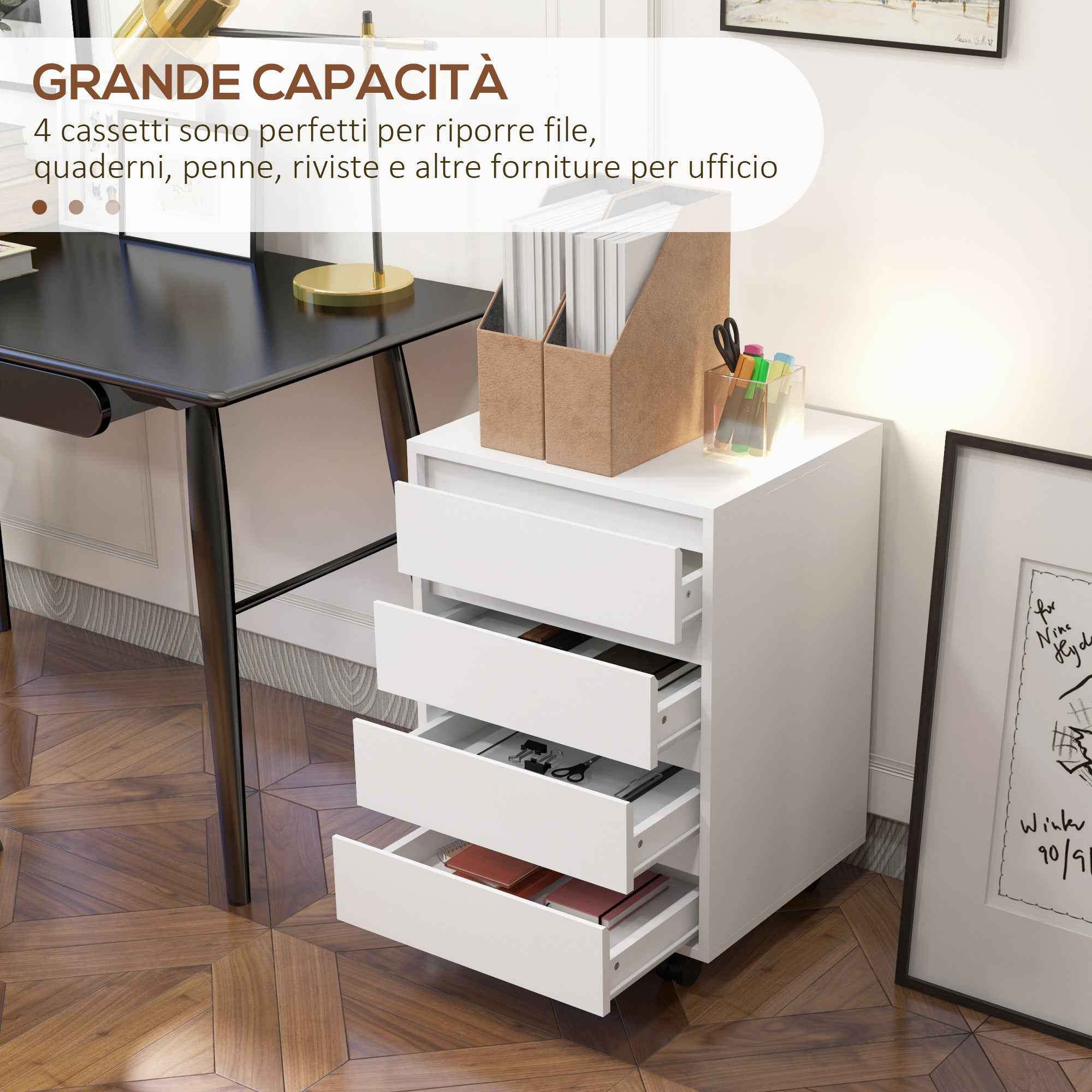 HOMCOM Office Drawer Unit with 4 Drawers and Braked Casters in MDF Wood, 46x40x65 cm, White