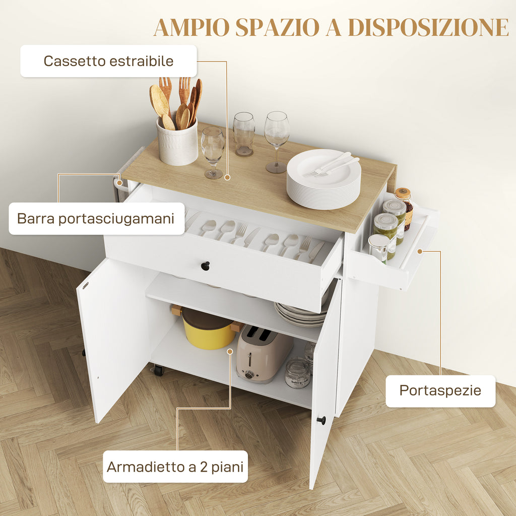 Kitchen Island with Drawer, Cabinet, Spice Rack and Towel Holder, 106x42x87 cm, White and Oak