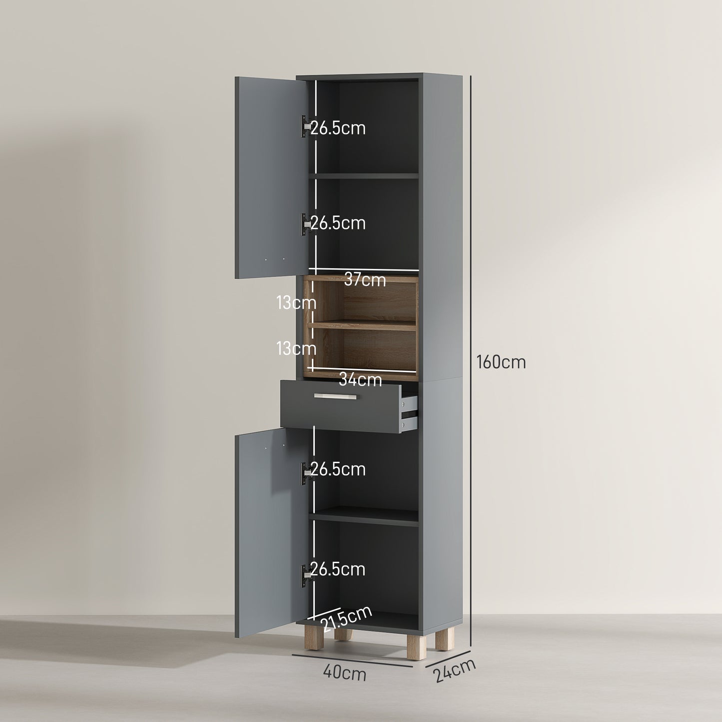 Modern Bathroom Column with Drawer and Cabinets in Wood and Aluminium Alloy, 40x24x160 cm, Grey