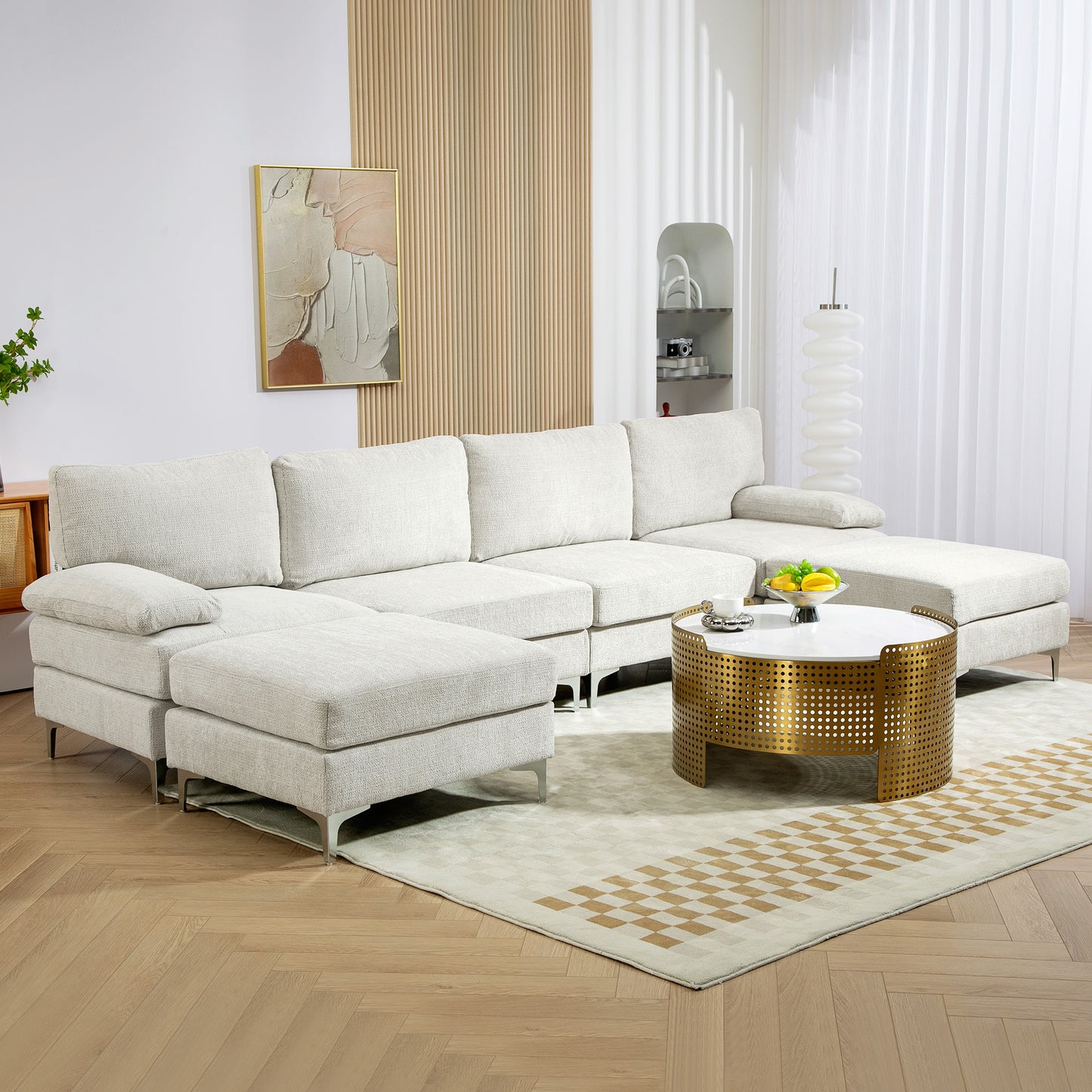 CHIARO | 4 Piece Modular Sofa with Footrest and Cushions, in Chenille Effect Fabric, 313x149x88 cm, Cream White