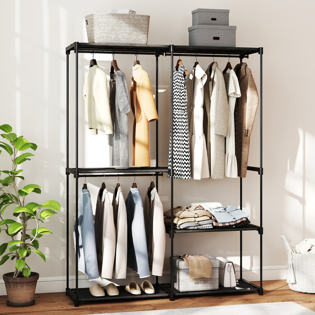 Wardrobe with 2 Rods and 4 Shelves, in Non-Woven Fabric, Plastic and Steel, 142x43x185 cm,