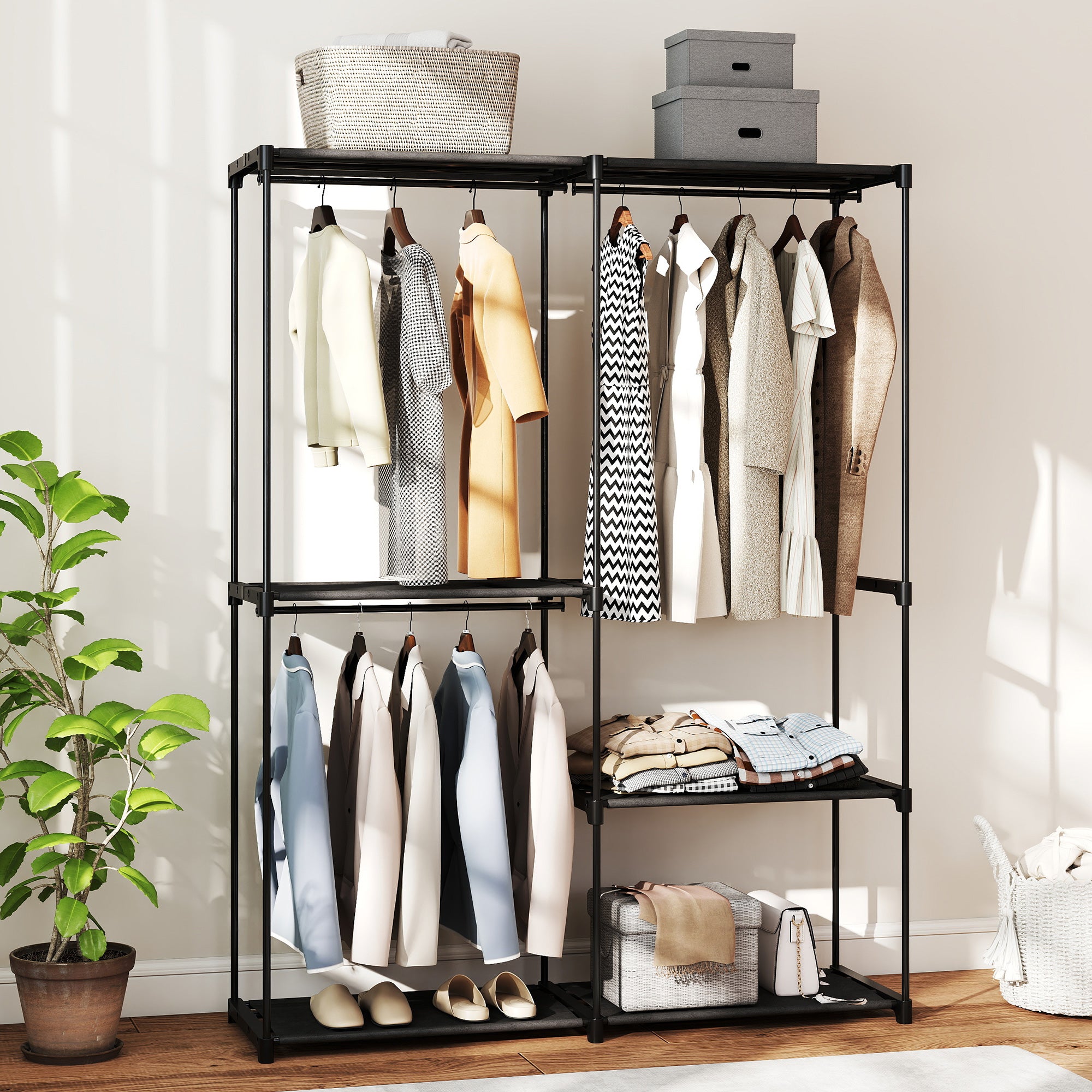 Wardrobe with 2 Rods and 4 Shelves, in Non-Woven Fabric, Plastic and Steel, 142x43x185 cm,