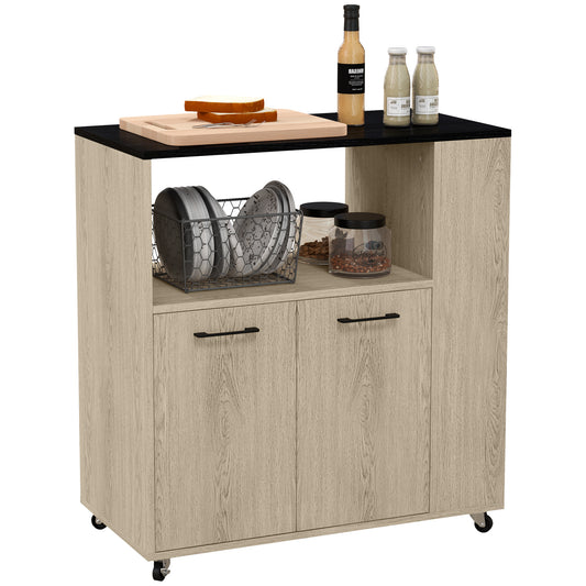 HOMCOM Chipboard Kitchen Trolley with Open Shelf, 2-Door Cabinet and Side Shelf, 75x40x80.5 cm