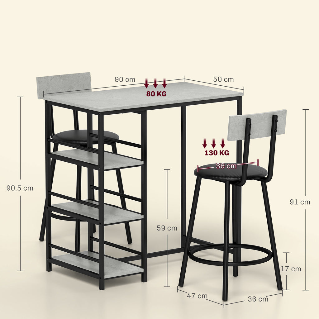 3 Piece Dining Set with Bar Counter with Shelves and 2 High Chairs with Backrest, Light Grey