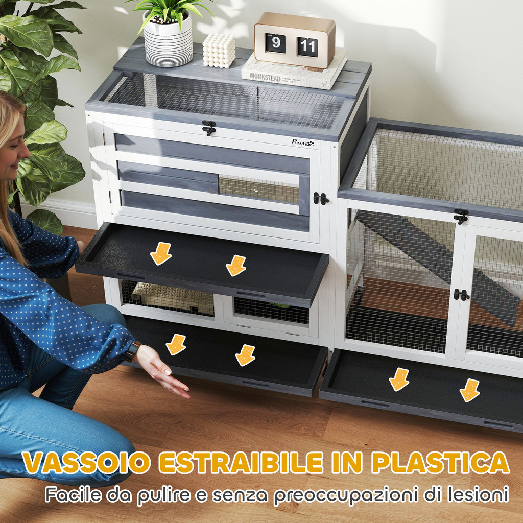 2-Level Rabbit Hutch with Ramp and 3 Trays, Fir Wood and Steel, 147x45x89.5 cm, Grey and White