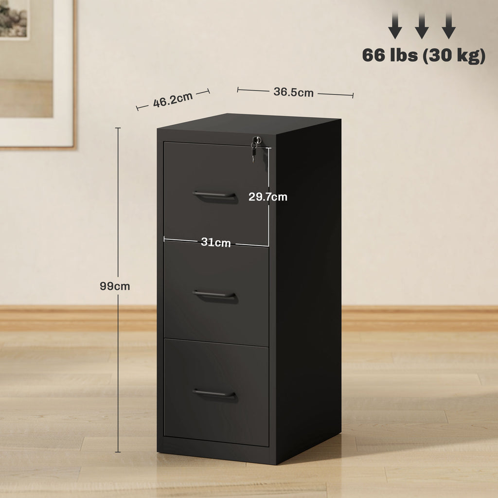 Minimal 3-Drawer Document Cabinet with Adjustable Bar, Steel, 36.5x46.2x99 cm, Black