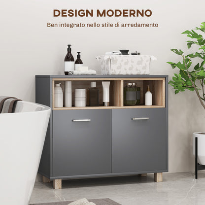 Modern Bathroom Cabinet with Open Compartments and 2-Door Cabinet, 80x35x70 cm, Grey