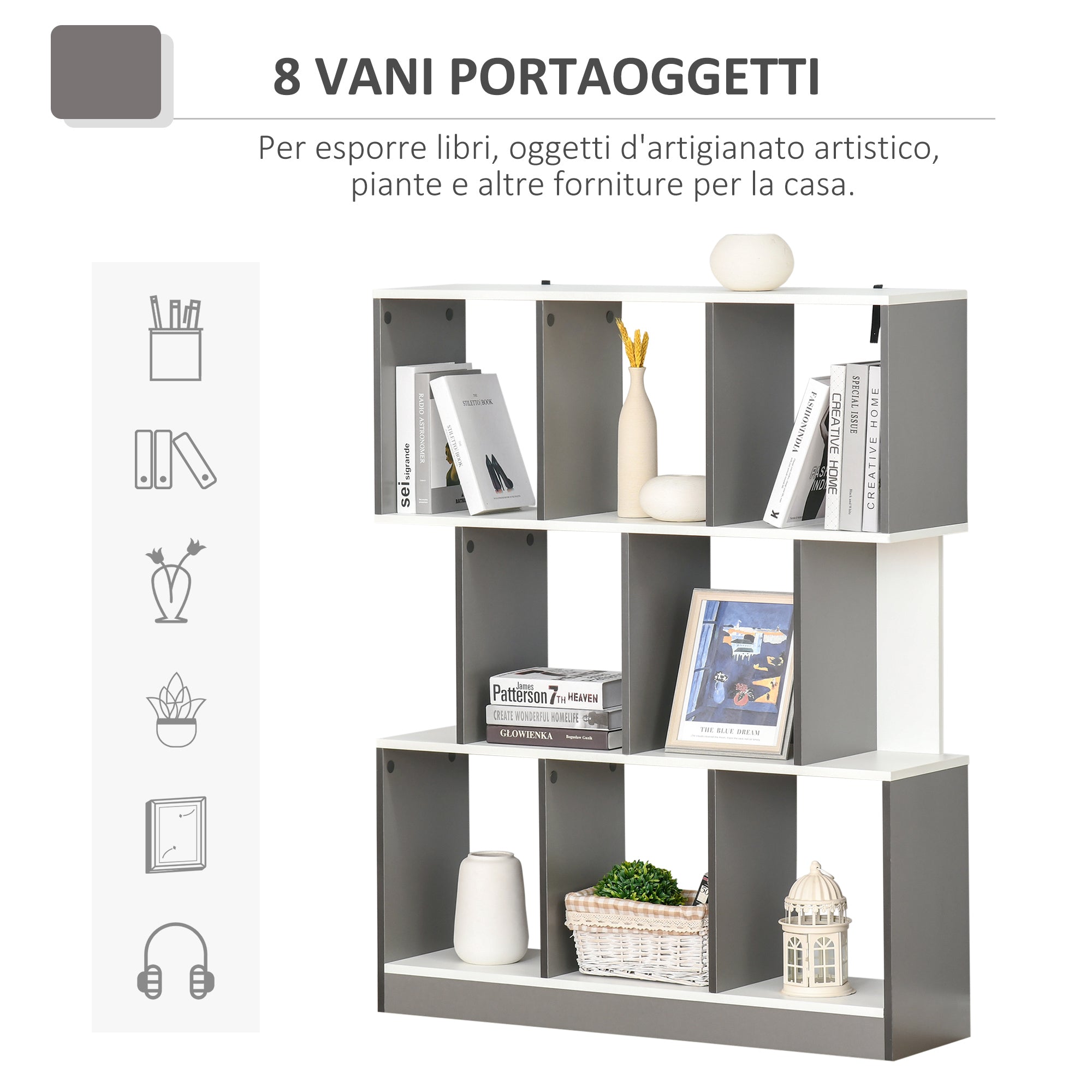 8-Tier Bookcase for Living Room and Bedroom, Wooden, 100x24x124 cm, Charcoal Grey