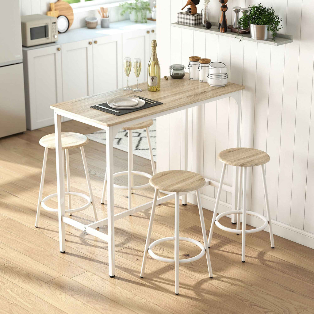 HOMCOM 5-Piece Dining Set with 110x50x89.5cm Bar Counter and Ø30x60.5cm Stools in Wood and Metal, Wood Color