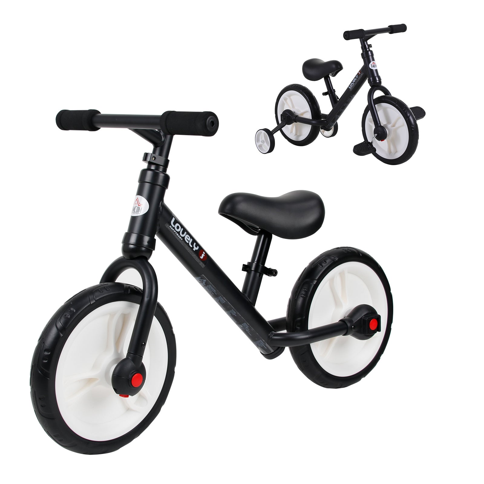 Balance Bike for Kids Ages 2-5 with Adjustable Seat, Auxiliary Wheels and Pedals, Black