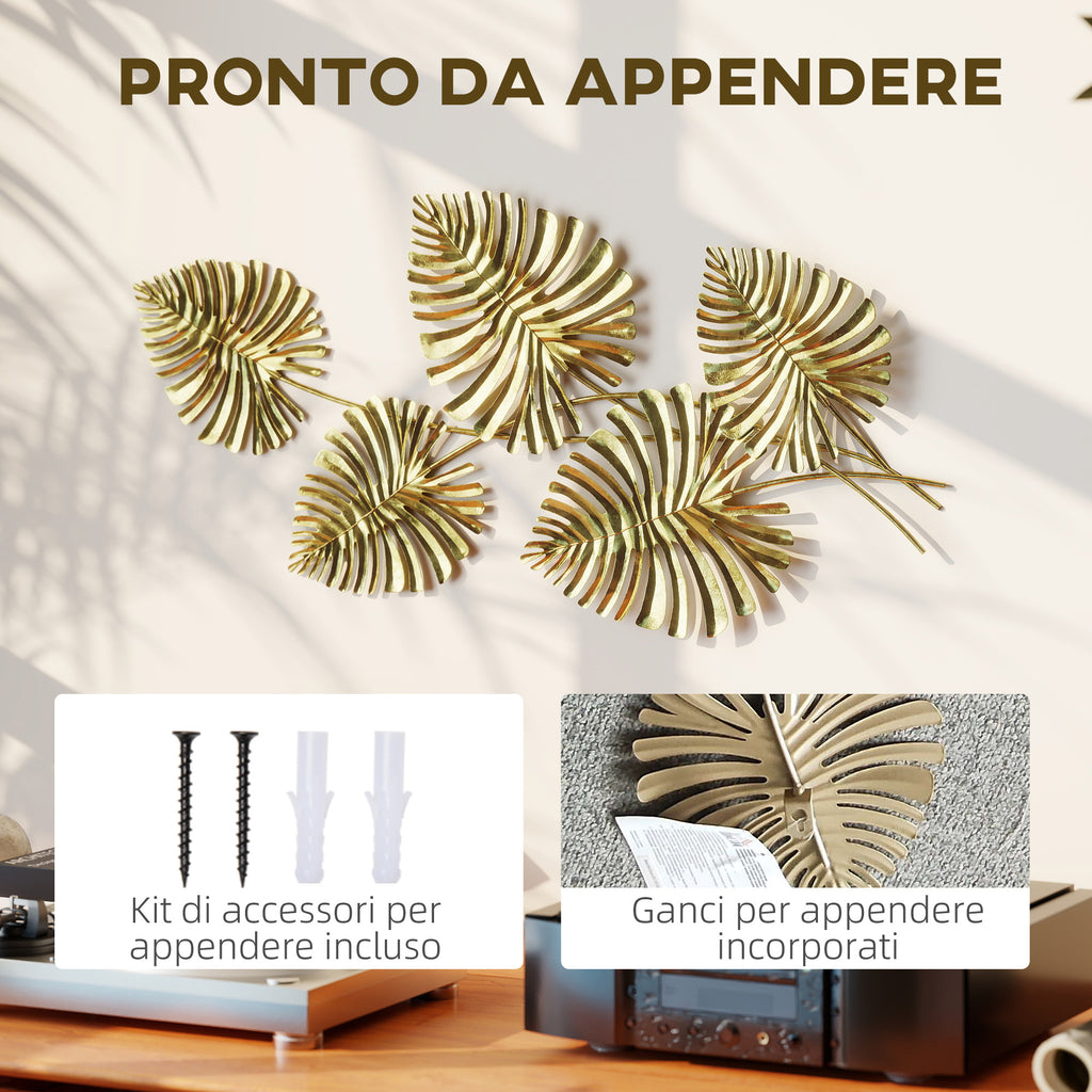 5-Leaf Monstera Wall Art in Gold Metal with Mounting Hardware Included, 83 x 2.5 x 39 cm