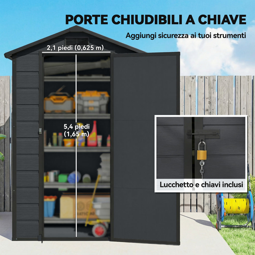 Outsunny 2-Door Tool Shed with Windows and Air Vents, PP and Aluminum, 128x104x196 cm, Dark Gray