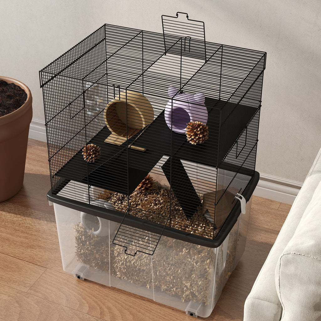 Hamster Cage 3 Floors with Wheels, 2 Platforms, Ramps, Bowl and Bottle, 58x43x74 cm, Black