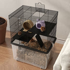 Hamster Cage 3 Floors with Wheels, 2 Platforms, Ramps, Bowl and Bottle, 58x43x74 cm, Black