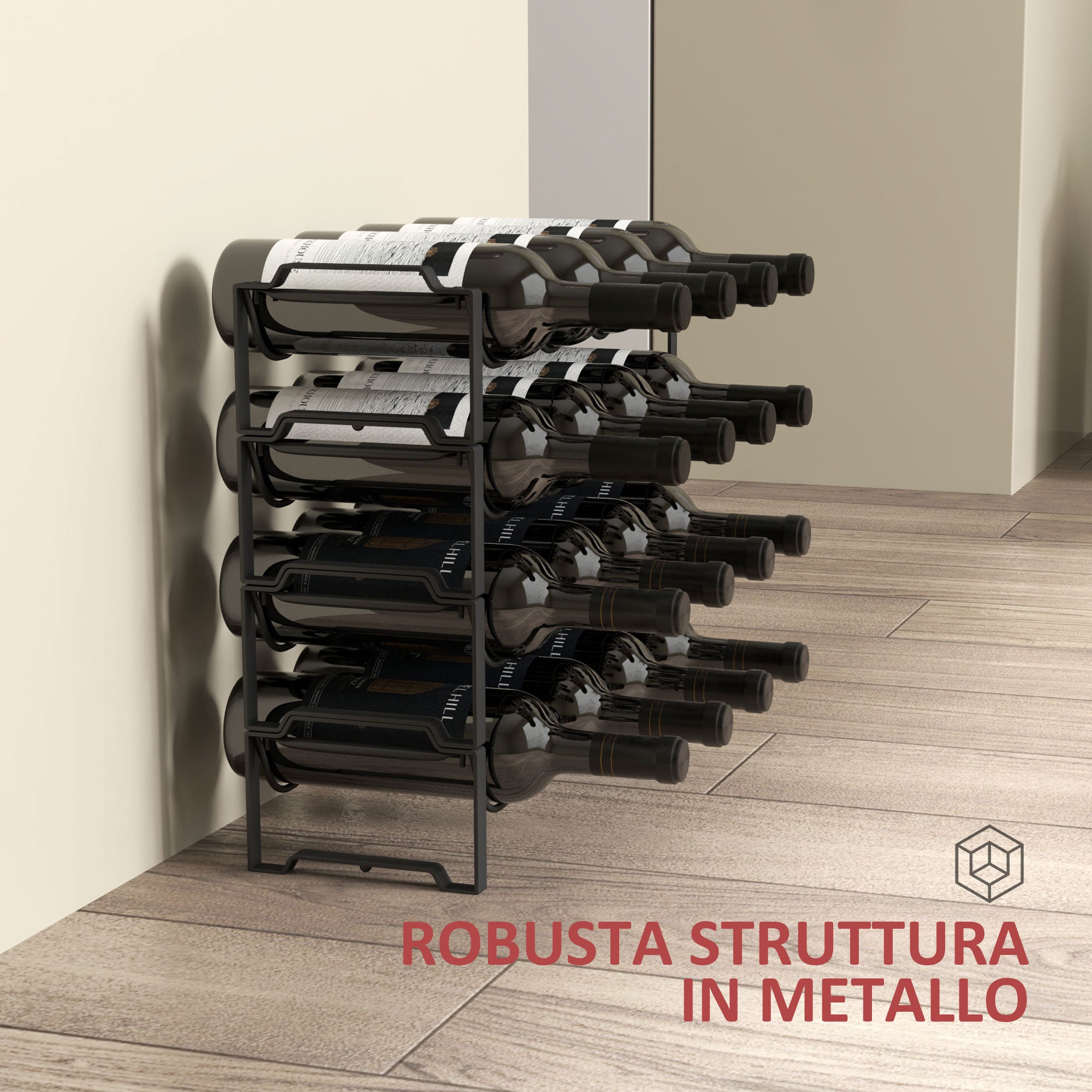 4-Tier Stackable Wave Bottle Rack for 16 Bottles, Metal, 42.5x16.5x41 cm, Black