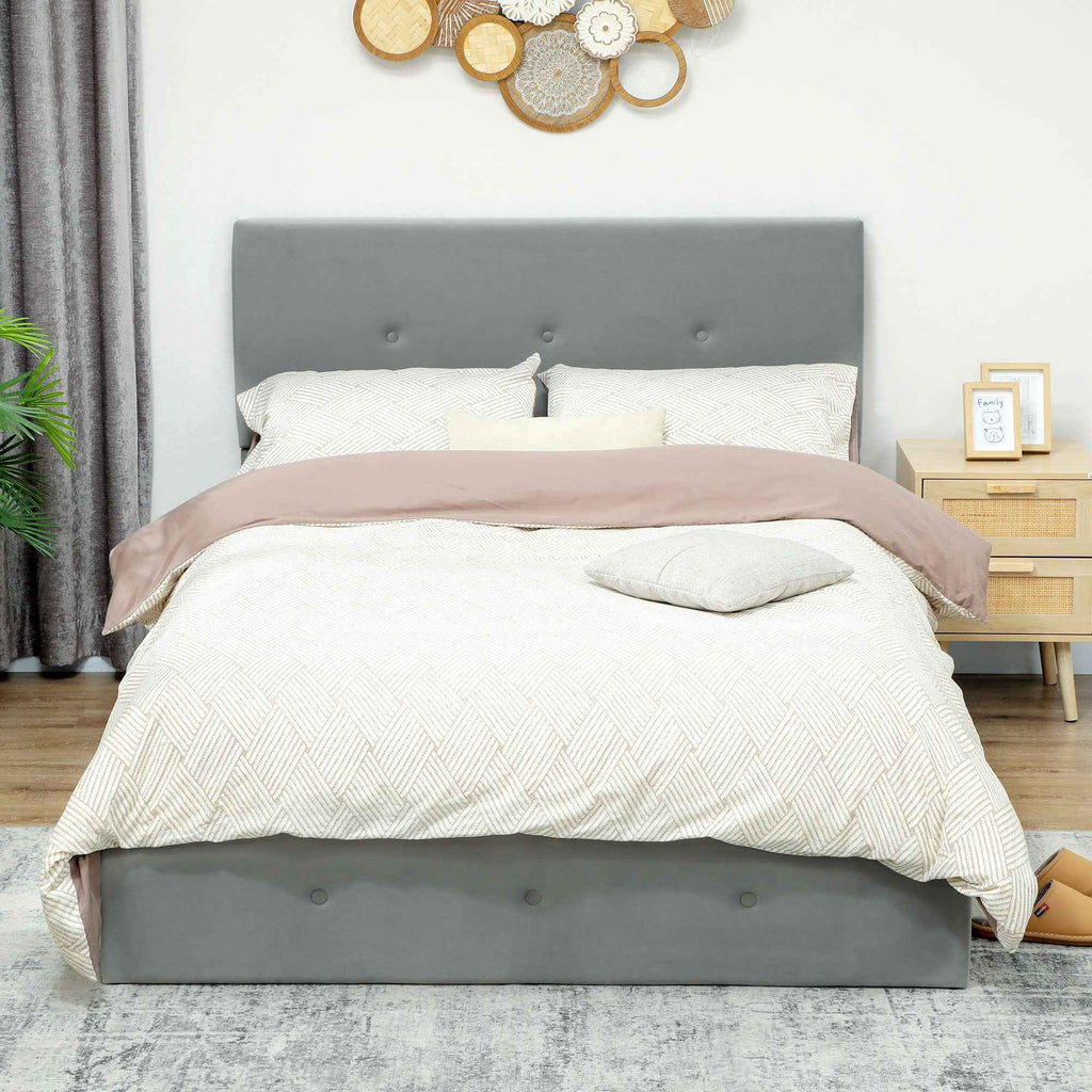 HOMCOM Storage Bed with Hidden Storage and Velvet Quilted Headboard, in Wood and Metal, 195x141x106 cm, Grey
