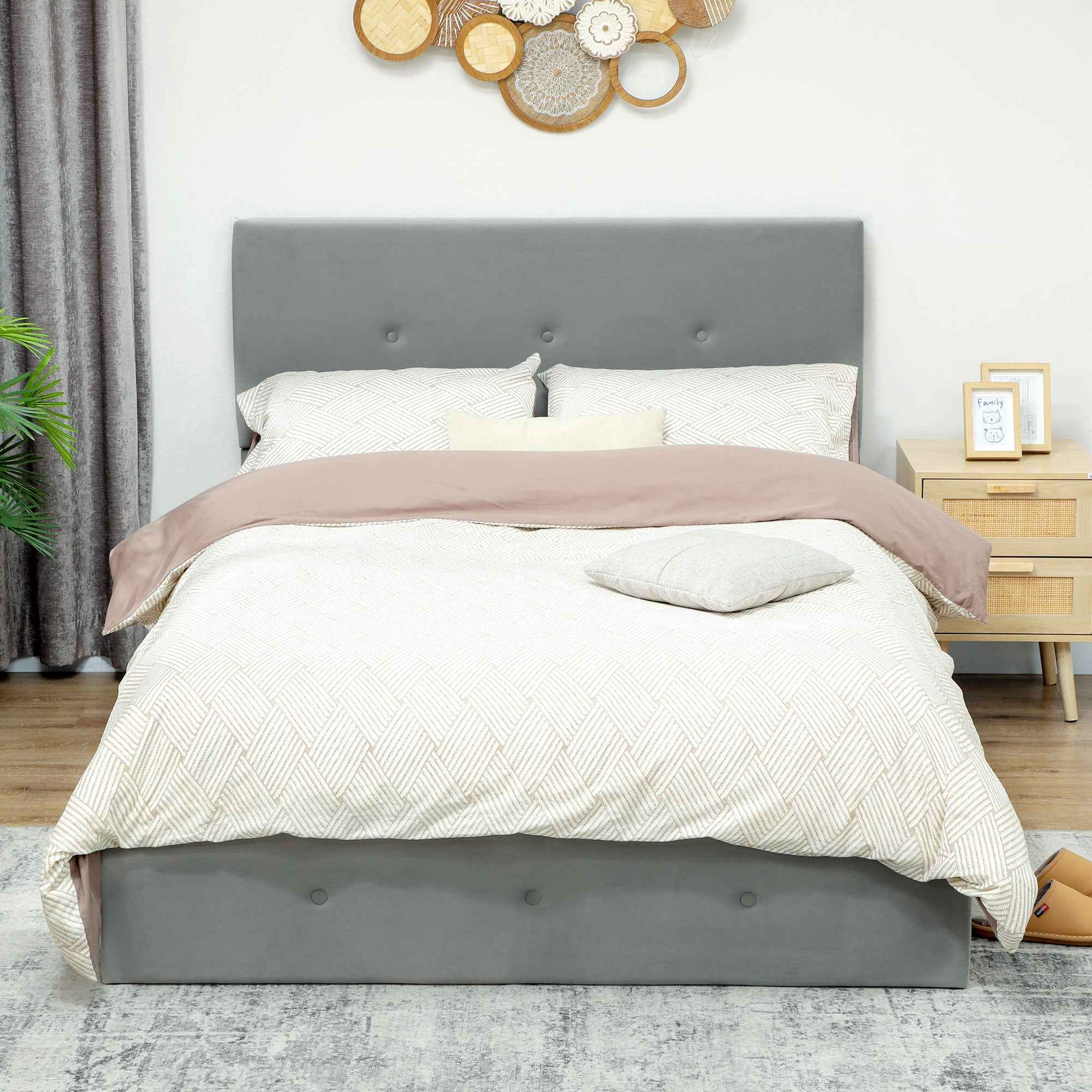 HOMCOM Storage Bed with Hidden Storage and Velvet Quilted Headboard, in Wood and Metal, 195x141x106 cm, Grey
