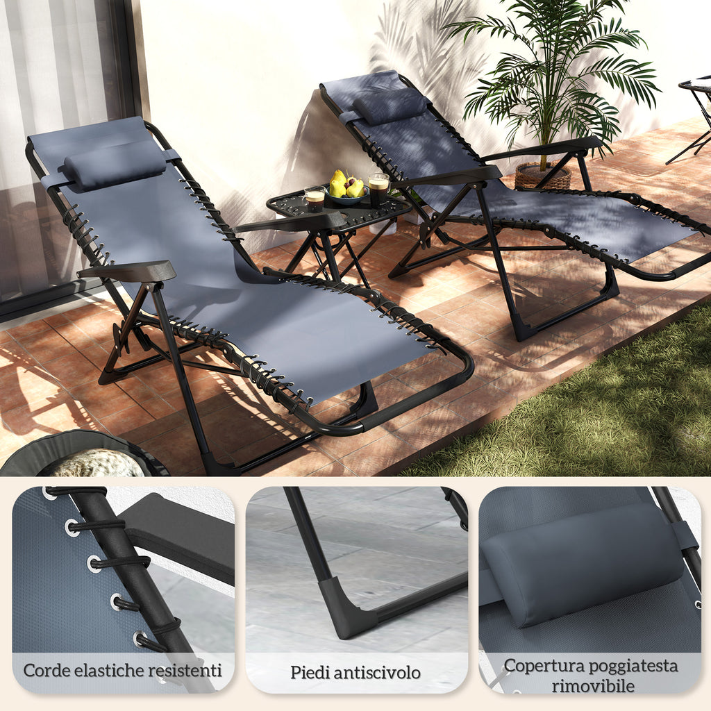 Set of 2 Folding Zero Gravity Deck Chairs with Adjustable Backrest and Table, Gray