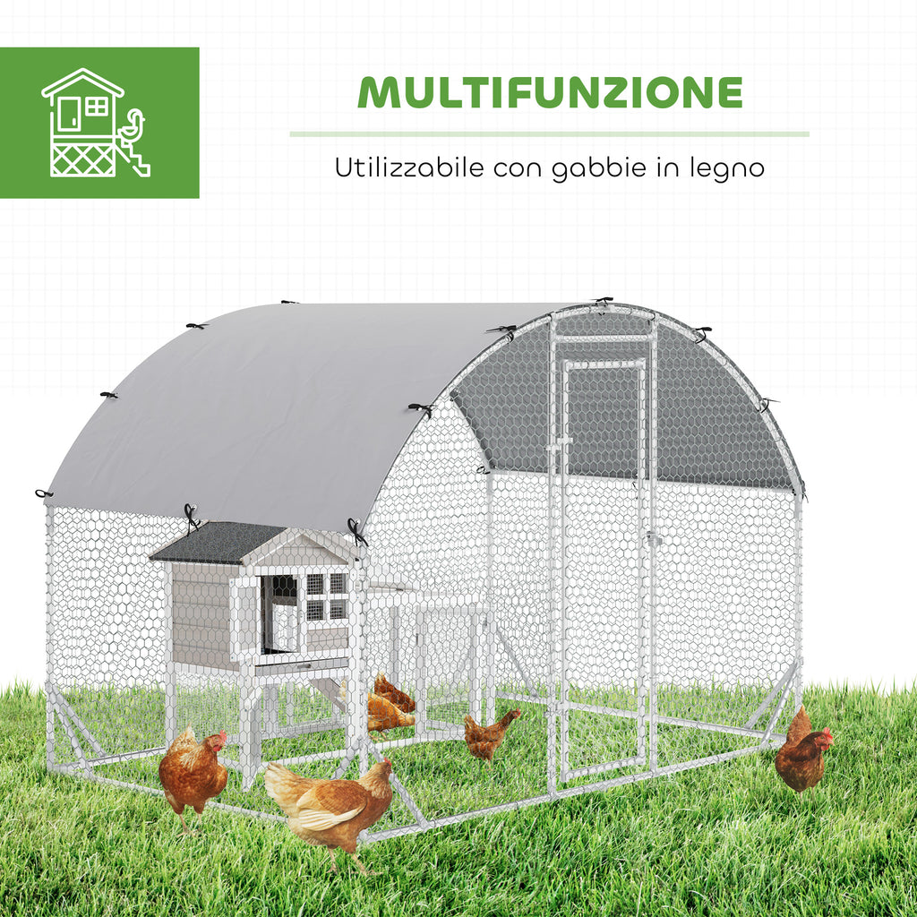 PawHut Galvanized Metal Chicken Run with Roof and UV Cover, 280x190x197 cm, Silver