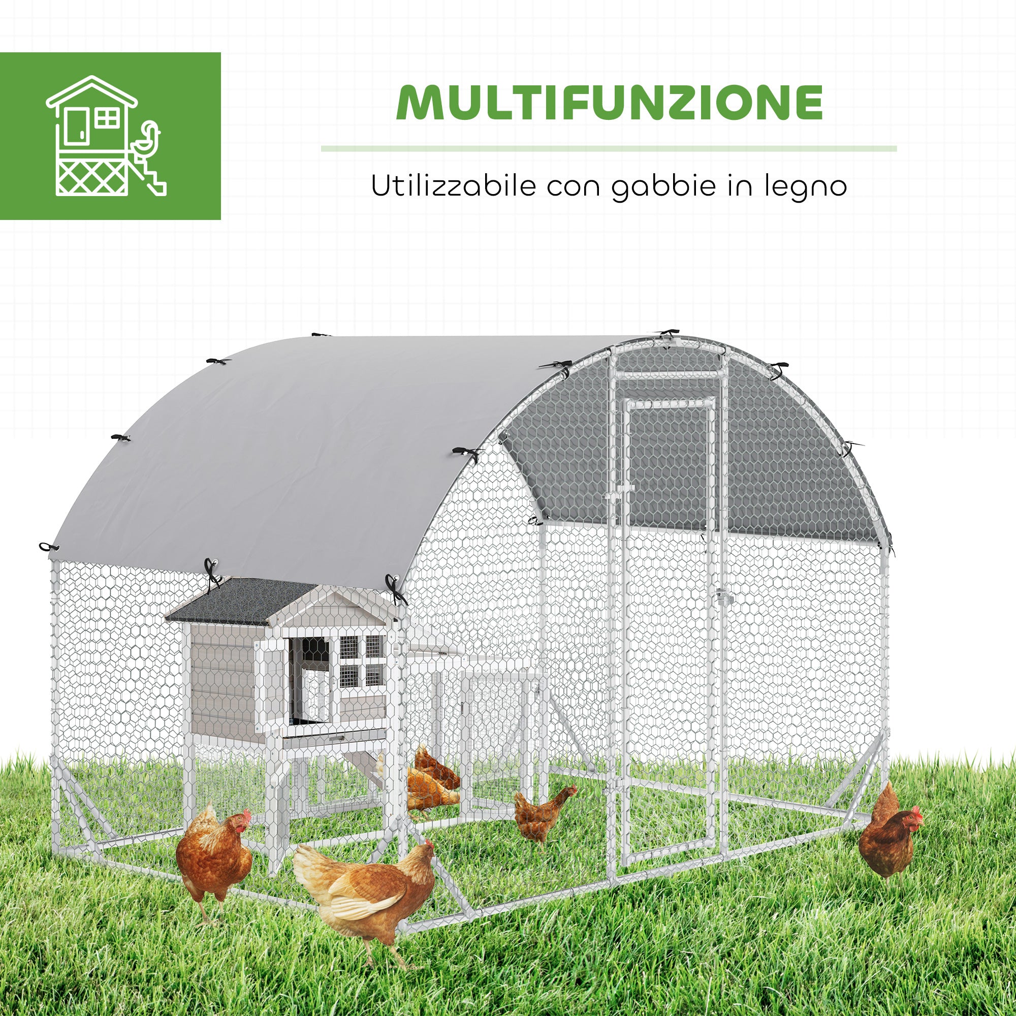 PawHut Galvanized Metal Chicken Run with Roof and UV Cover, 280x190x197 cm, Silver